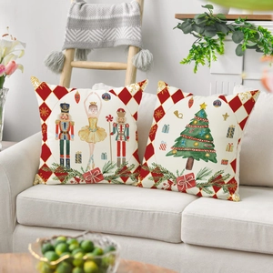 Christmas nutcracker and tree festive cushion covers set on sofa for home decor