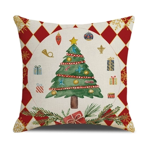 Detailed view of Christmas tree watercolor print on square linen festive pillowcase