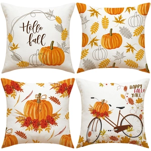 Autumn harvest pillow covers set of 4 with pumpkins and maple leaves print