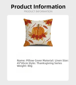 Detailed view of linen Thanksgiving pillowcase with pumpkin and red berry print design