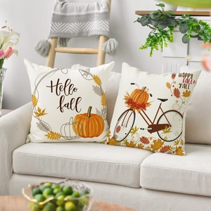 Set of two decorative fall harvest linen pillow covers with Hello Fall and bicycle prints