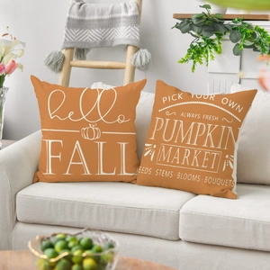 Set of 2 orange autumn pumpkin throw pillow covers with hello fall market typography