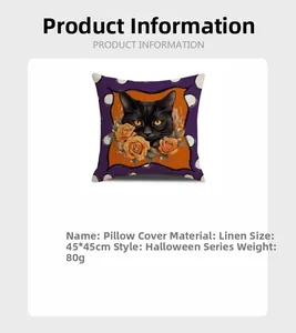 Federa per cuscino Halloween in lino 45x45cm con gatto nero e rose arancioni su viola