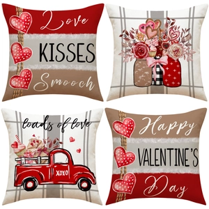 Set of 4 Valentine's linen pillow covers with red truck and heart patterns for home decor