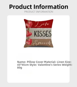 Close-up of Valentine's Day linen pillowcase with love kisses text and heart patterns