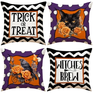 Fodera per Cuscino in Lino Halloween Trick Or Treat Witches Brew Gatto Nero Corvo Rosa Arancione Decorazione Casa Divano