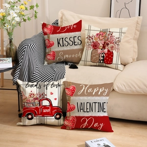 Set of four linen Valentine car cushion covers displayed on a sofa for home decor