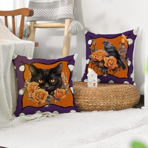 Set di 2 federe per cuscini di Halloween con motivi di gatto nero e uccello su tappeto