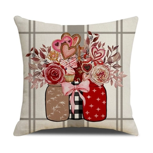 Detail of square linen pillowcase featuring romantic floral and heart Valentine prints
