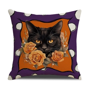 Federa per cuscino di Halloween con gatto nero vintage e decorazione di rose arancioni