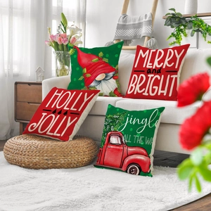 Set of 4 Christmas gnomes and red truck linen pillow covers for holiday sofa decor