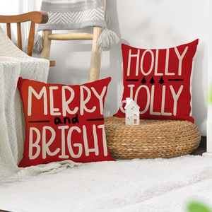 Red Christmas linen pillow covers with Merry and Bright print for festive home sofa decor