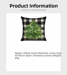 Linen Christmas pillowcase detail showing buffalo plaid and green tree pattern 45x45cm