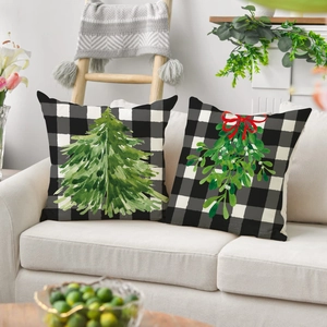 Set of two Christmas buffalo plaid pillow covers with watercolor tree and mistletoe prints