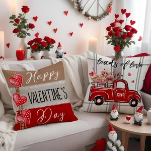 Set of 2 Valentine's Day linen pillow covers with red truck and heart patterns for sofa
