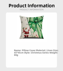 Close-up of linen Christmas pillowcase with Santa and green bow, 45x45cm product specs
