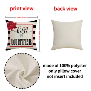 Winter themed decorative pillow cover with hello winter text and red floral patterns