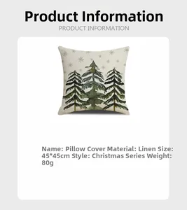 Detail view of linen Christmas pillowcase showing the 45x45cm size and fabric specs