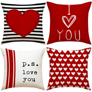 Funda de Almohada de Lino con Estampado de Corazón de San Valentín Funda de Cojín Decorativa Para Sofá Hogar Rojo Negro Blanco Rayas Corazón Letra I Love You