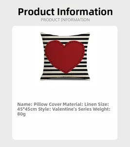 Detailed view of linen Valentine's pillowcase with red heart and black stripes