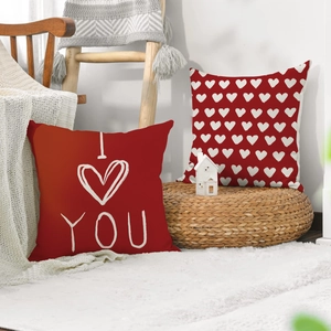Fundas de cojín rojas de lino para San Valentín con estampados de corazones y decoración