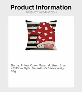 Linen Valentine's Day pillowcase featuring red heart gnome design, size 45x45cm and 80g
