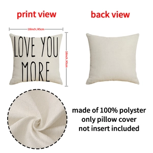 18-inch beige linen-texture pillow cover with 'LOVE YOU MORE' print and fabric detail view