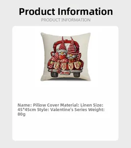 Close-up of Valentine's Day linen pillowcase 45x45cm with red truck and gnome print