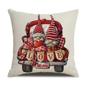 Close-up of Valentine's gnome pillowcase showing high-quality linen texture and heart details