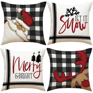 Christmas Decorative Pillowcase Buffalo Plaid Santa Reindeer Linen Throw Cushion Cover For Sofa Living Room Festive Decor