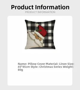 Detailed view of linen plaid pillowcase with Santa Claus design in 45x45cm size