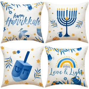 Housse De Coussin Hanoukka Décorative Tissu Lin Polyester Menorah Dreidel Étoile De David Canapé Taie D'oreiller Festival