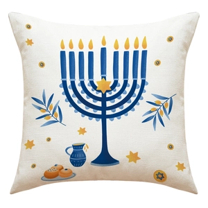 Housse de coussin Hanoucca en lin avec motifs Ménorah et Étoile de David bleu et or