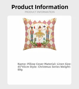Detailed specs of linen 45x45cm Christmas pillowcase featuring Nutcracker design