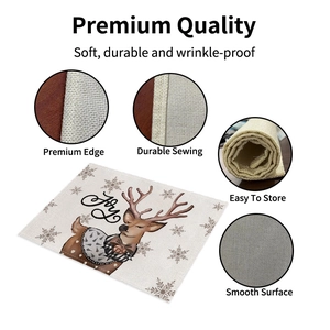 Christmas reindeer linen placemat with Joy print and durable stitched edge detail