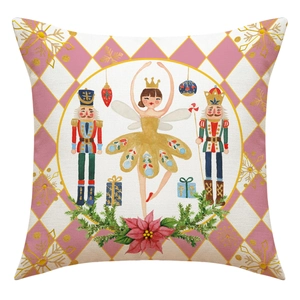 Christmas nutcracker square pillowcase with pink diamond pattern and ballet dancer print