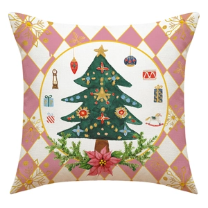 Detail of Christmas linen pillowcase with watercolor tree and festive gold snowflake patterns