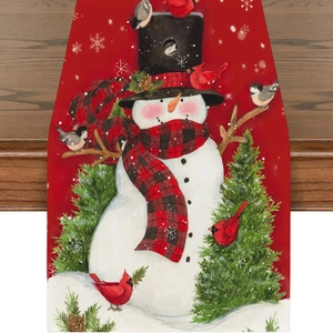 Festive Christmas table runner with snowman, red cardinals and snowflake pattern