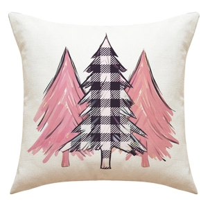 Federa natalizia in lino con alberi a quadretti neri e piccoli alberi rosa