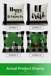 Macro detail of St. Patrick’s Day linen pillowcases featuring green shamrock and buffalo check