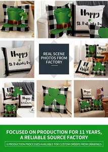 Detail of linen St. Patrick’s Day pillow covers with green clover and buffalo plaid design