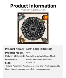 Detail of tarot tablecloth showing astrology sun pattern and 49x49cm velvet material texture