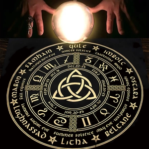 Close-up of altar tarot tablecloth featuring golden Wheel of the Year and zodiac symbols