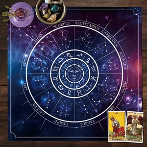 Flat lay of velvet zodiac tarot cloth with celestial wheel and crystal stones