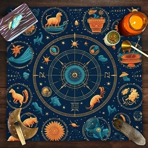 Blue mandala tarot tablecloth with zodiac signs and celestial symbols on wooden surface