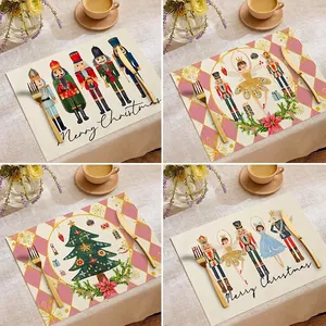 Linen Christmas Placemats Heat Resistant Washable Reindeer Nutcracker Table Mats For Dining Room Holiday Home Decor
