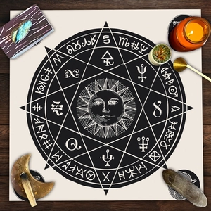 Detailed view of black and white mandala sun altar cloth with mystical astrology symbols