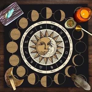 Velvet Tarot altar cloth with zodiac signs and moon phases on dark wood table