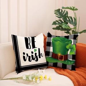 St. Patrick's Day linen pillow covers with clover hat and BE Irish print for sofa decor