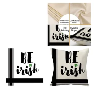 Linen St. Patrick's Day pillow cover with green clover and Be Irish text print